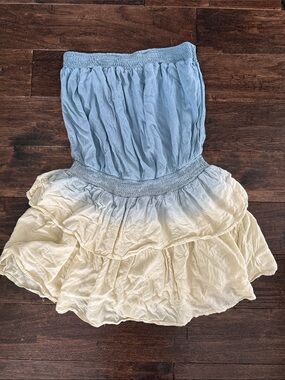 Mustard Seed Light Blue and Cream Tiered Smocked Waist Mini Skirt